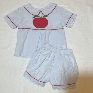 EUC The Oaks Apparel Co. blue stripe apple embroidered bloomer set 24mo